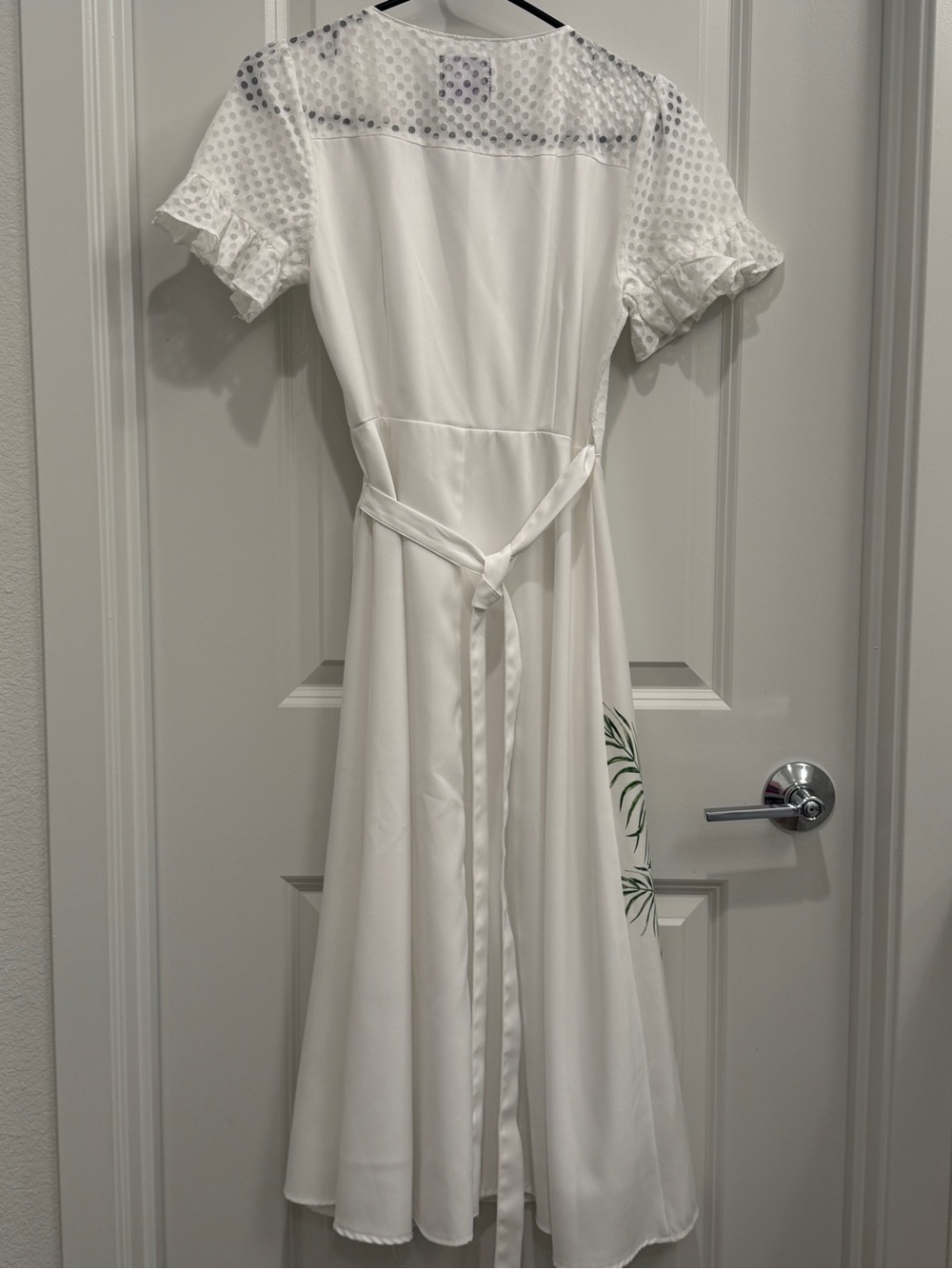 Cream Midi Dress with Sheer Dot Yoke and Tie Waist